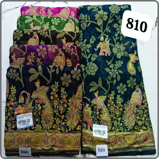 Peacock & Elephant Floral Embroidered Saree with Full Lace Border – AMRITSAR-2233 | Nisha Saree Showroom