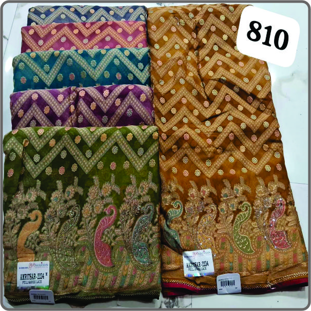 Geometric Chevron & Peacock Embroidered Saree with Full Lace Border – AMRITSAR-2234 M | Nisha Saree Showroom