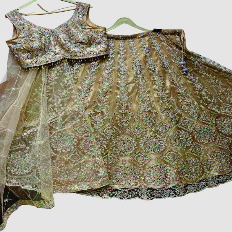 3 Piece Embroidered Lehenga Set – Champagne Gold | Nisha Saree Showroom