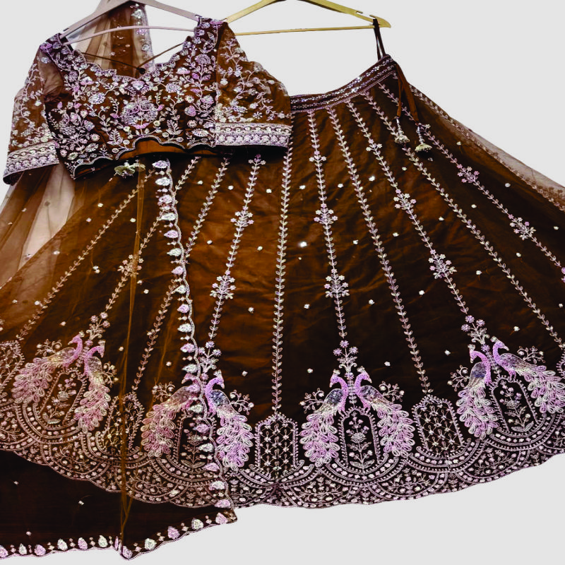 3 Piece Peacock Embroidered Lehenga Set – Coffee Brown | Nisha Saree Showroom