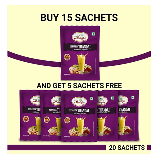 Manish Mangla Kesariya Thandai – 20g Sachets (Pack of 20) | Buy 15 Get 5 Free | Instant Thandai Mix | Rich Saffron Flavor | Perfect for Summer & Holi - Image 2