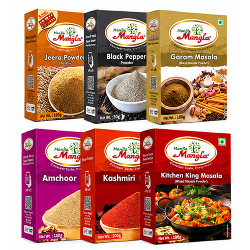 Daily Use Spices Combo – Jeera Powder, Black Pepper, Garam Masala, Kitchen King, Amchoor & Kashmiri Mirch | Essential Masala Pack for Everyday Cooking