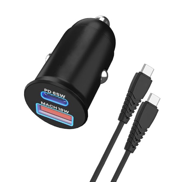 65 Watts Car Power 65 Dual Output Fast Car Charger with 100W Type-C Cable (2m), 65W Type-C PD & 18W USB, Charging Adapter Compatible with Cars for iPhone & Android Smartphone, Laptop(Black)