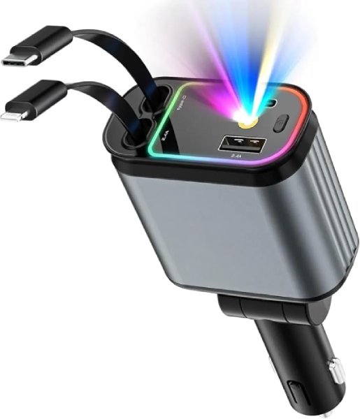 66W 4-in-1 Retractable Fast Car Charger for iPhone & Android