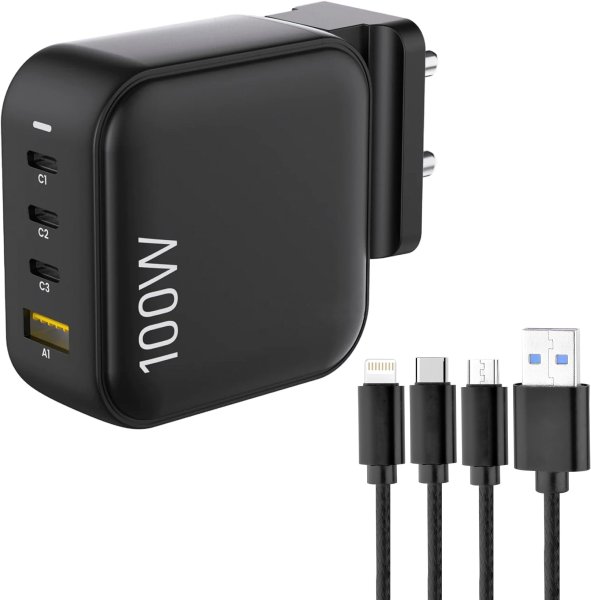 100W Charger Adapter, 4 Ports - 3 Type C & 1 USB for iPhone & Android, MacBook & Type C Laptop, (RAAP H100, Black) & Ambrane 3 in 1 Mobile Charing Cable