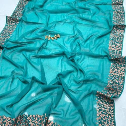 Aqua Teal Vichitra Silk Party Wear Saree with Rose Gold Floral Embroidered Border & Blouse Piece
