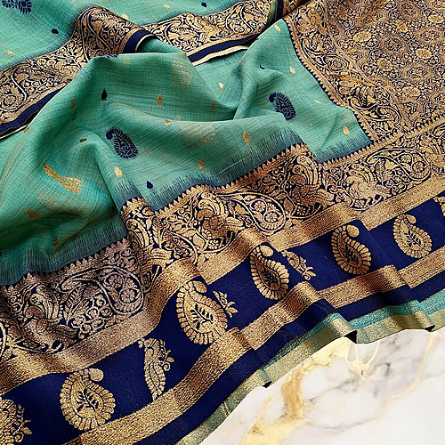 Aqua Teal Handwoven Mahabalipuram Silk Saree with Navy Blue Antique Gold Zari Border