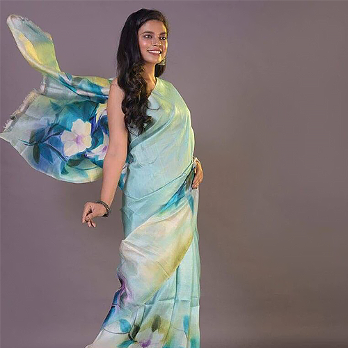 Aqua Serenity Semi Murshidabad Bapta Silk Saree – Handblock Floral Elegance with Blouse