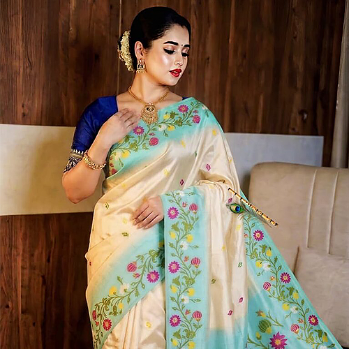 Aqua Mist Tussar Silk Saree with Handcrafted Ikkat Floral Work | Elegant Designer Saree with Blouse Piece