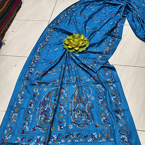 Cerulean Charm_Assam Silk Saree with Striking Multicolor Kantha Embroidery