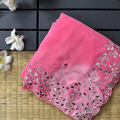 Candy Pink Pure Chiffon Handcrafted Stone Work Bridal Bollywood Party Wear Saree with Designer Blouse Piece