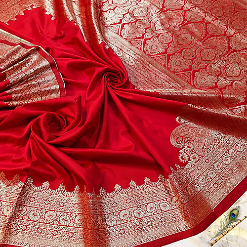 Bridal Vermilion Red Dual-Tone Satin Handcrafted Saree with Grand Zari Pallu