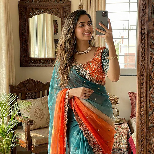Bridal Party Wear Crepe Silk Saree with All-Over Sequin Handwork & Designer Blouse