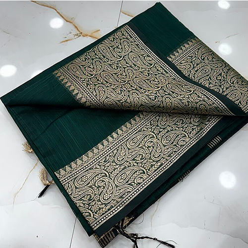 Bottle Green Slub Silk Handcrafted Saree with Antique Gold Paisley Woven Border & Pallu – Elegant Traditional Festive Saree with Blouse Piece
