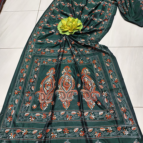 Bottle Green Assam Silk Saree with All-Over Handcrafted Kantha Stitch