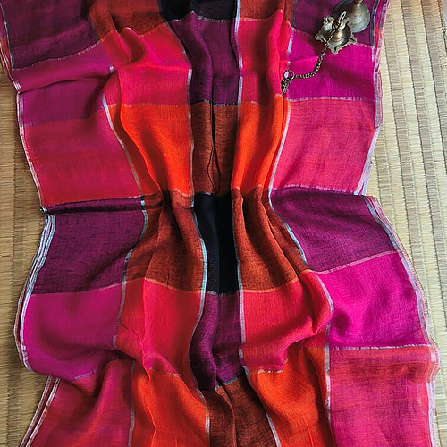 Bold Multicolor Pure Linen Handcrafted Check Saree with Blouse