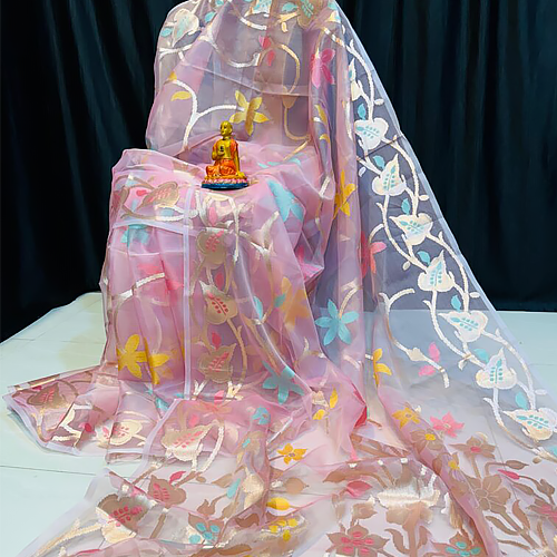 Blush Radiance – Handcrafted Pure Muslin Saree in Light Pink with Gold Border & Multicolor Floral Motifs