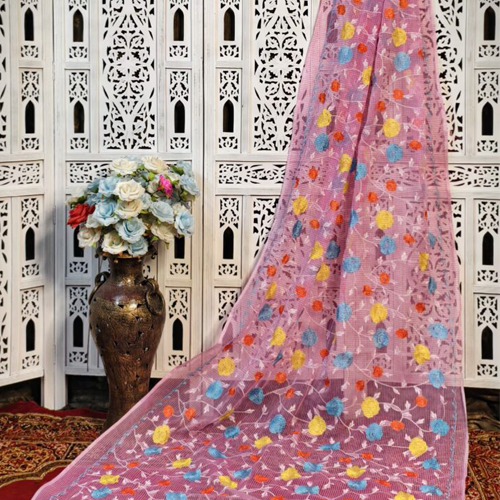 Blush Pink Resham Kota Hand-Embroidered Silk Saree – Vibrant Multicolor Threadwork (No Blouse Piece)
