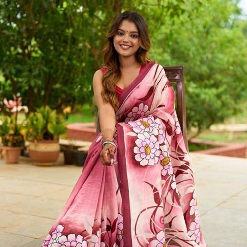 Blush Harmony Pink Semi Murshidabad Bapta Silk Saree – Handblock Floral Design with Maroon Borders & Blouse
