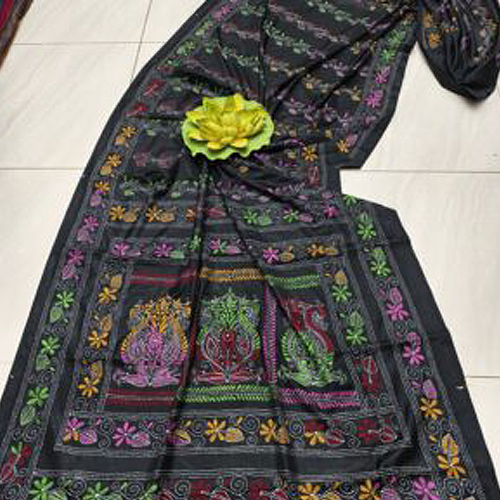 Black Assam Silk Saree with Vibrant Multicolor Kantha Embroidery
