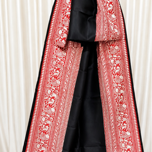 Black & Red 3-Ply Pure Silk Handcrafted Saree with Traditional Paisley & Floral Border _Silk Mark