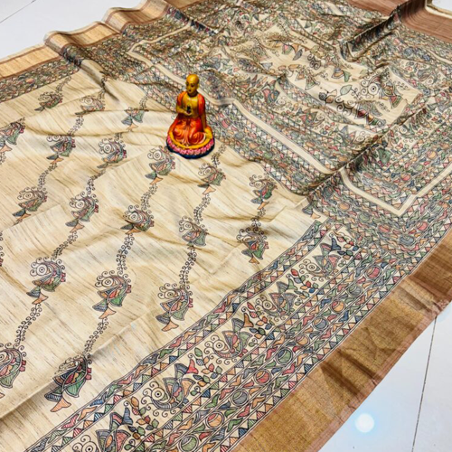 Beige Tussar Silk Saree with Multicolored Madhubani Fish Motifs & Geometric Borders – Handcrafted Elegance