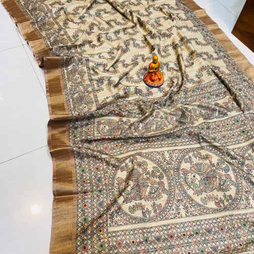 Beige Tussar Silk Saree with Hand-Painted Madhubani Motifs – Birds, Florals & Geometry