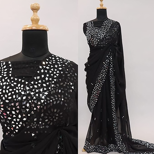 Classic Black Pure Chiffon Handcrafted Stone Work Bridal Bollywood Party Wear Saree with Designer Blouse Piece