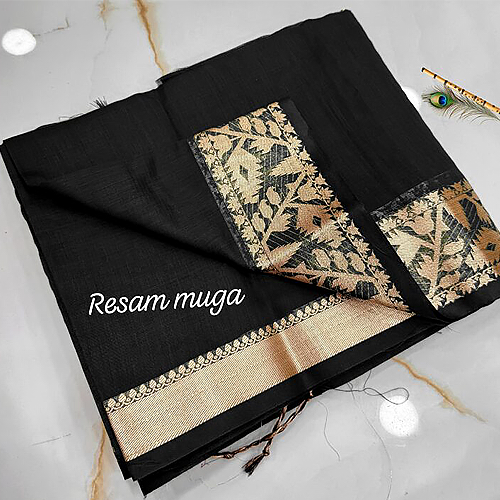 Classic Black Pure Resham Muga Silk Saree with Antique Gold Zari Woven Border & Blouse Piece