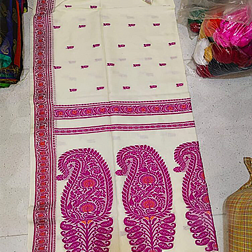 Classic Cream & Magenta Handwoven Baluchari Saree in Premium Cotton Maslight with Blouse Piece