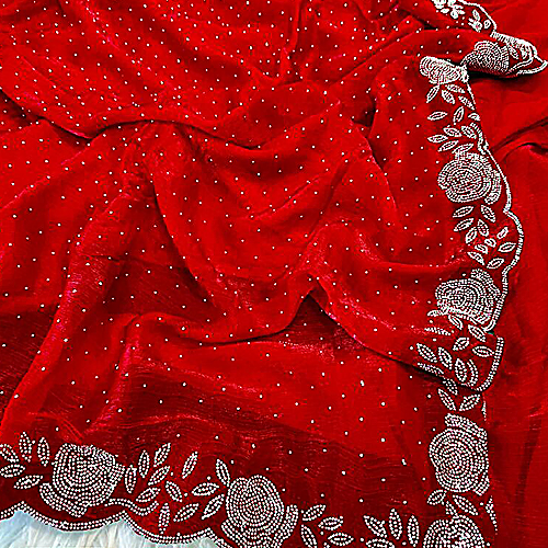 Crimson Elegance: Handcrafted Red Satin Georgette Saree with Stone Embellishments
