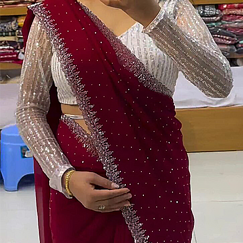 Deep Maroon Handcrafted Pure Chiffon Saree – Bridal Party & Wedding Collection