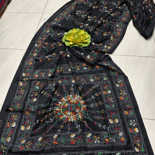 Ebony Elegance: Black Assam Silk Saree with Intricate Rainbow Kantha Embroidery