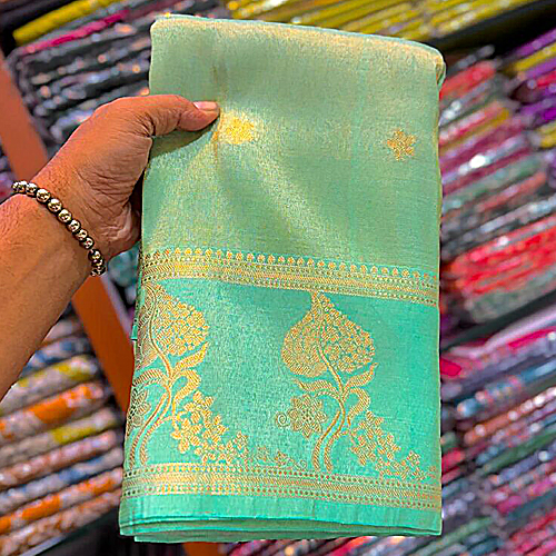Elegant Aqua Green Handcrafted Tissue Banarasi Saree with Intricate Gold Zari Work & Blouse Piece