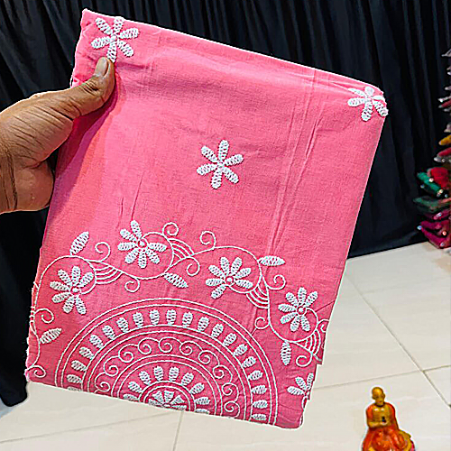 Elegant Baby Pink Handcrafted Lucknowi Katha Saree in Polished Pure Cotton – No Blouse Piece