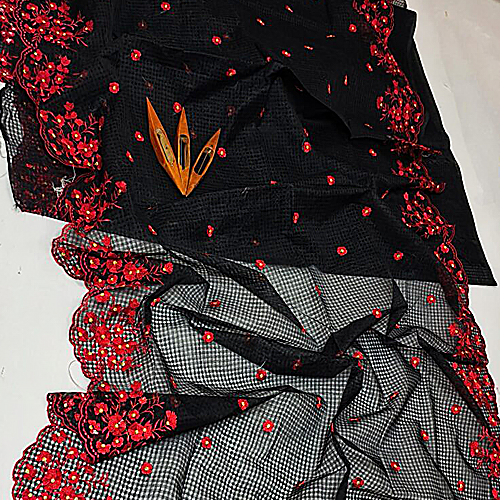Elegant Black Kota Doria Saree with Red Floral Cutwork Hand Embroidery | Designer Party Wear Saree for Women