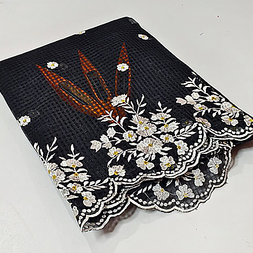 Elegant Black Kota Doria Saree with White Floral Cutwork Hand Embroidery | Designer Party Wear Saree for Women