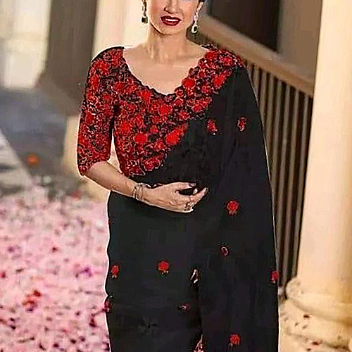 Elegant Black Organza Bollywood Bridal Party Saree with Red Hand Embroidery & Blouse Piece