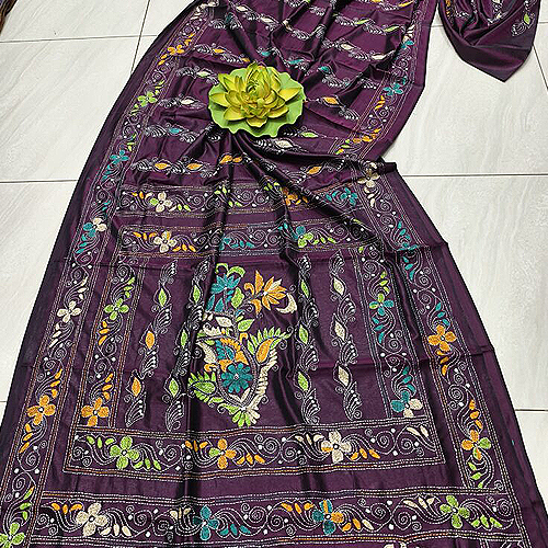 Elegant Deep Purple Assam Silk Saree with Intricate Handcrafted Kantha Stitch