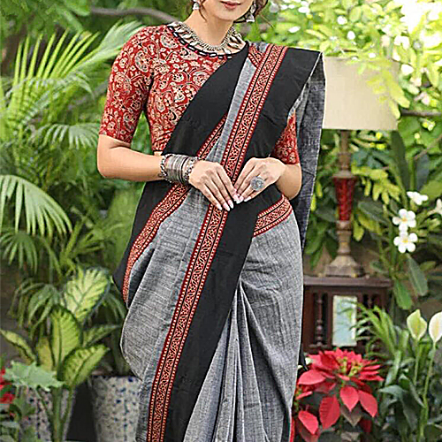 Elegant Grey Handcrafted Ajrakh Saree with Black Pallu and Traditional Motifs