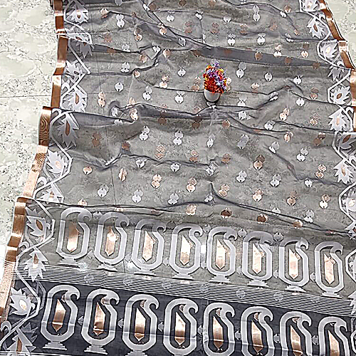 Elegant Grey Handcrafted Muslin Silk Jamdani Saree with Intricate Zari Butti Design