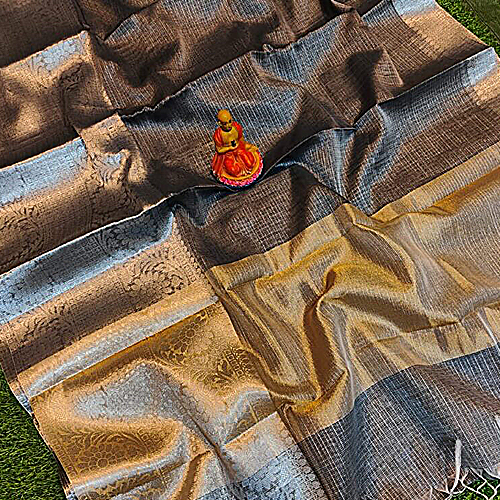 Elegant Handcrafted Banarasi Kota Tissue Saree in Grey, Black & Gold with Blouse Piece