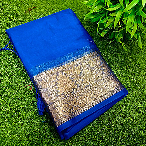 Elegant Handcrafted Blue Maslin Organza Saree with Golden Zari Border & Matching Blouse Piece – Free Size