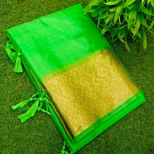 Elegant Handcrafted Green Maslin Organza Saree with Golden Zari Border & Matching Blouse Piece
