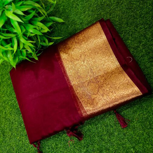 Elegant Handcrafted Maroon Maslin Organza Saree with Golden Border & Matching Blouse Piece