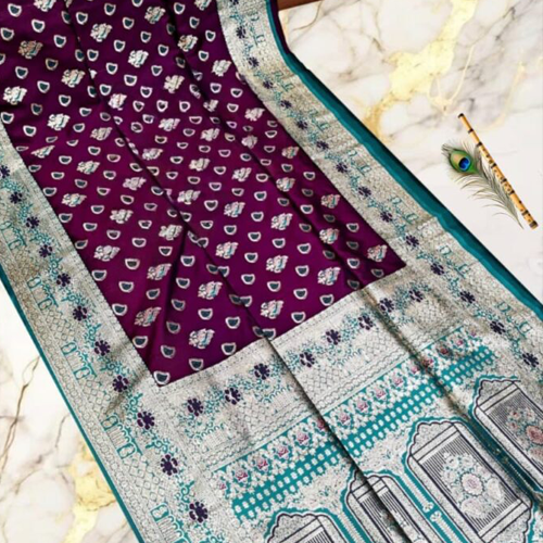 Elegant Handcrafted Puri Gazzi Satin Saree in Royal Purple with Teal & Silver Zari Border – With Blouse Piece