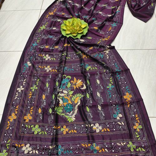 Deep Purple Assam Silk Saree with Multicolor Handcrafted Kantha Embroidery