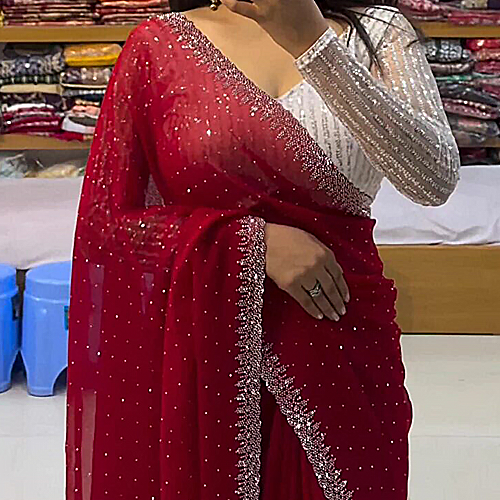 Deep Red Handcrafted Pure Chiffon Saree – Bridal Party & Wedding Collection
