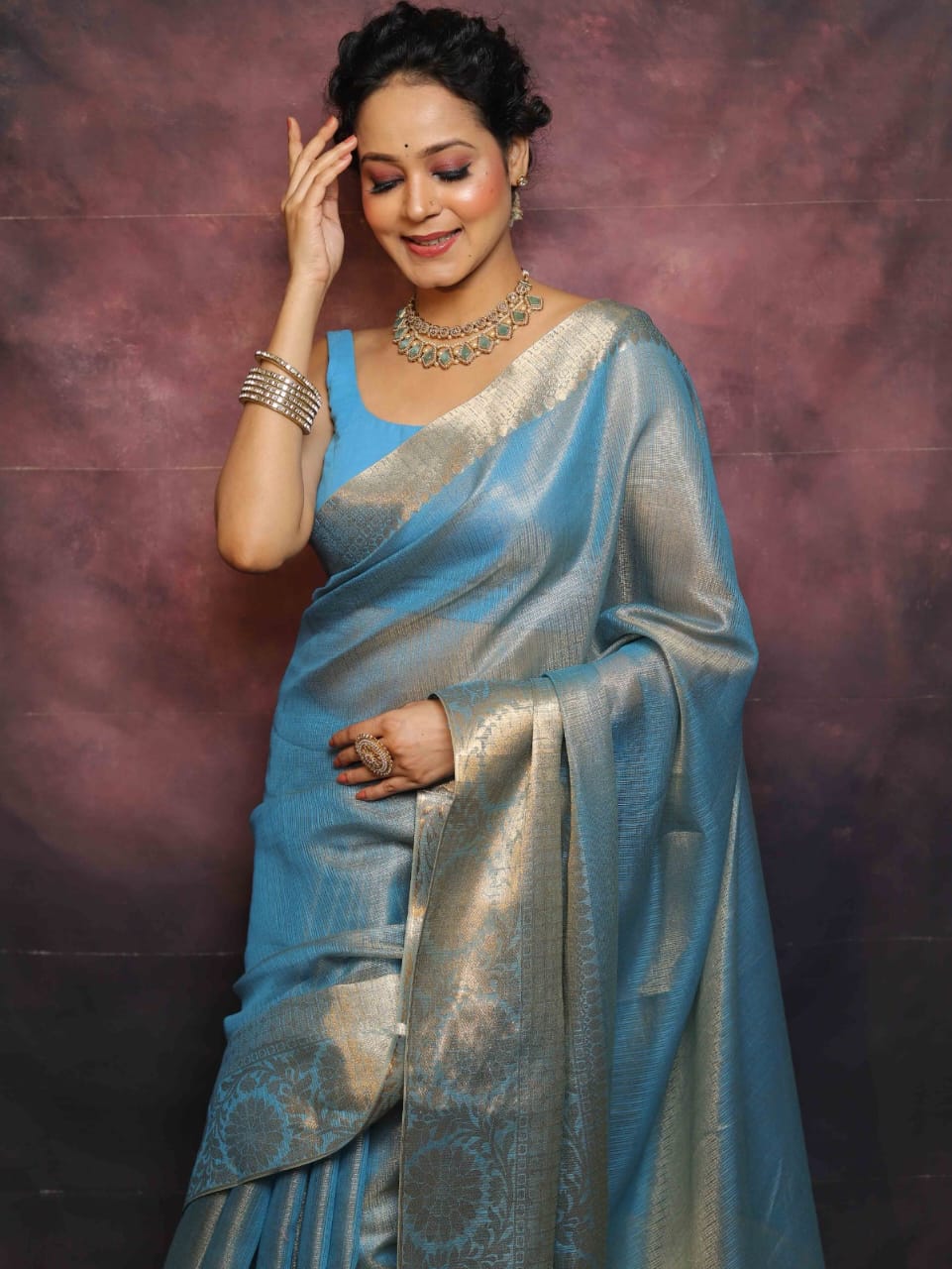 Elegant Handwoven Light Blue Kota Tissue Banarasi Saree with Premium Zari Work & Blouse Piece