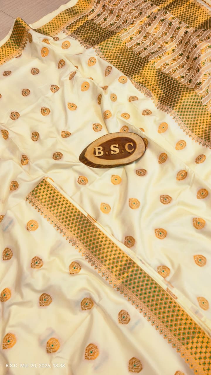 Elegant Ivory Assam Silk Saree with Emerald Green & Gold Handwork Border with Blouse Piece